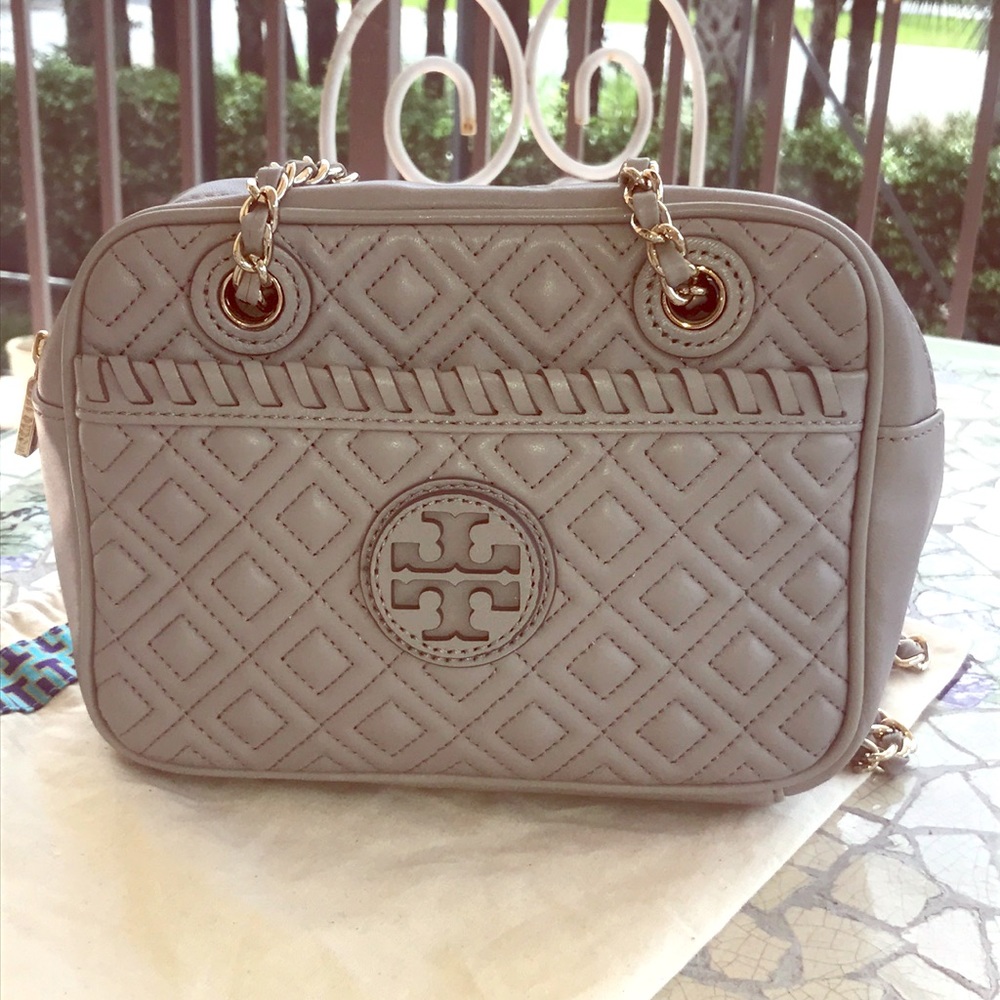 Tory Burch light gray quilted Marion shoulder bag